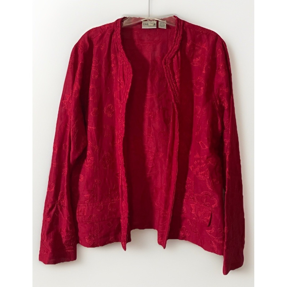 Chico's Women' Red‎ Embroidered Blazer Long Sleeve Open Front Silk Linen Size 3